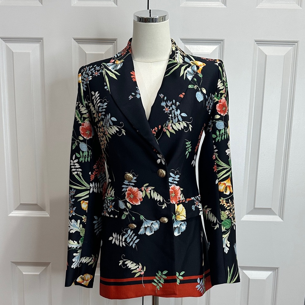 Zara Black Navy Blue Red Hem Floral Double Breasted Luxury Blazer Jacket Size XS